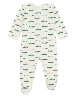 Tutina Intera in Tessuto Felpato Spazzolato - Bianco con Coccodrilli - Aperto sulla Schiena - 100% Cotone